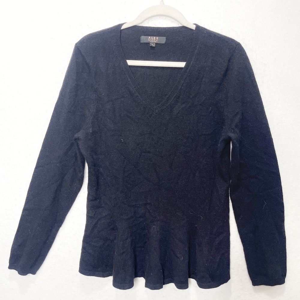 Alex Marie Black 100% Cashmere V Neck Peplum Style Sweater Size Large Luxury